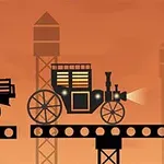 Silhouette af en steampunk-vogn og lastvogn på en platform med en orange baggrund