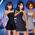 Fire animerede kvinder i elegante kjoler står side om side i et futuristisk rum