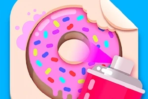 Lyserød donut med farverige drys bliver spraymalet med en lyserød spraydåse på en blå baggrund