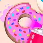 Lyserød donut med farverige drys bliver spraymalet med en lyserød spraydåse på en blå baggrund