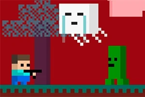En pixel-art scene med en karakter, et hvidt svævende ansigt, et træ og en grøn rektangulær figur på en rød baggrund