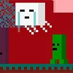 En pixel-art scene med en karakter, et hvidt svævende ansigt, et træ og en grøn rektangulær figur på en rød baggrund
