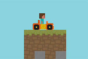 Pixelgrafik af en person, der kører en orange traktor på en blok af græs og jord med en blå baggrund