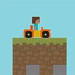 Pixelgrafik af en person, der kører en orange traktor på en blok af græs og jord med en blå baggrund