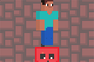 En pixelkunstfigur med blåt tøj står på en rød firkant med et ansigt, mod en baggrund af kvadratiske fliser