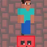 En pixelkunstfigur med blåt tøj står på en rød firkant med et ansigt, mod en baggrund af kvadratiske fliser