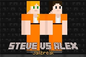 To figurer i orange fangedragter står side om side foran en mørk baggrund med teksten Steve Vs Alex Jailbreak under dem