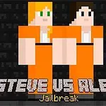 To figurer i orange fangedragter står side om side foran en mørk baggrund med teksten Steve Vs Alex Jailbreak under dem