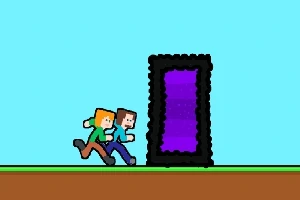 To figurer løber mod en sort rektangulær portal med en lilla indgang på en simpel, pixeleret baggrund