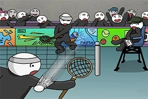 Tegneserieillustration af en tenniskamp med runde figurer, hvor en spiller rammer en bold over nettet, mens tilskuere kigger på fra tribunen