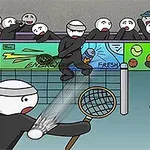 Tegneserieillustration af en tenniskamp med runde figurer, hvor en spiller rammer en bold over nettet, mens tilskuere kigger på fra tribunen