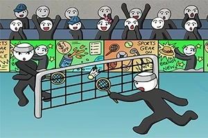 To figurer spiller badminton foran et begejstret publikum med farverige reklamebannere i baggrunden