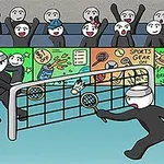 To figurer spiller badminton foran et begejstret publikum med farverige reklamebannere i baggrunden