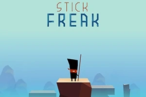 En sort figur står på en platform med en lang pind mod en lyseblå baggrund og teksten Stick Freak øverst