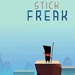 En sort figur står på en platform med en lang pind mod en lyseblå baggrund og teksten Stick Freak øverst