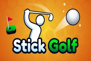 En hvid figur svinger en golfkølle på en orange baggrund, med en golfbold og et grønt hul med en rød flagstang