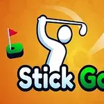 En hvid figur svinger en golfkølle på en orange baggrund, med en golfbold og et grønt hul med en rød flagstang
