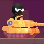 En sort figur med vrede øjne kører en orange tank mod en lilla baggrund