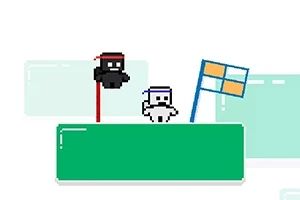 To figurer med pandebånd står på en grøn platform foran flag i pixeleret stil