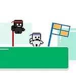 To figurer med pandebånd står på en grøn platform foran flag i pixeleret stil