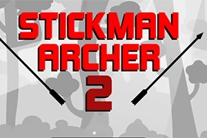 Rød tekst STICKMAN ARCHER 2 med sorte pile på en baggrund af en silhuet af skov
