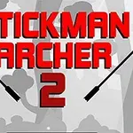 Rød tekst STICKMAN ARCHER 2 med sorte pile på en baggrund af en silhuet af skov