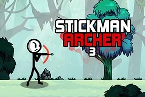 En sort stregfigur står med en bue trukket i en skovklædt baggrund med teksten Stickman Archer 3 i øverste højre hjørne