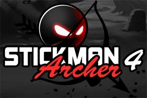 En sort stickman-figur med lysende røde øjne, en bue, og teksten Stickman Archer 4 skrevet i hvid og rød skrift