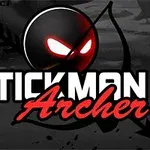 En sort stickman-figur med lysende røde øjne, en bue, og teksten Stickman Archer 4 skrevet i hvid og rød skrift