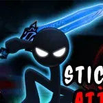 Silhuet af en stregmand med et lysende sværd og teksten Stickman Attack i forgrunden