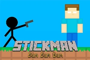 En sort stregmand med en pistol peger mod en blokagtig figur på en blå baggrund over teksten Stickman Bam Bam Bam