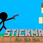 En sort stregmand med en pistol peger mod en blokagtig figur på en blå baggrund over teksten Stickman Bam Bam Bam