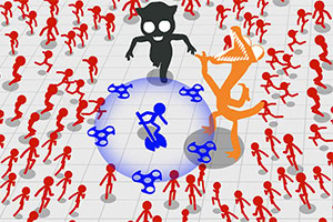 Orange og sorte figurer omgivet af røde stickfigure på en ternet baggrund med figurer i forskellige positioner og blå cirkler