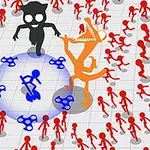Orange og sorte figurer omgivet af røde stickfigure på en ternet baggrund med figurer i forskellige positioner og blå cirkler