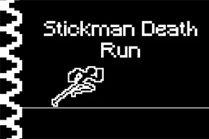 Sort-hvidt pixelgrafik med teksten Stickman Death Run og et stiliseret billede af en økse