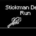 Sort-hvidt pixelgrafik med teksten Stickman Death Run og et stiliseret billede af en økse