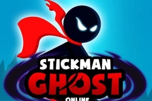 En sort stickman-figur med lysende øjne og en rød kappe står foran en lys blå baggrund med teksten Stickman Ghost under sig