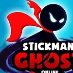 En sort stickman-figur med lysende øjne og en rød kappe står foran en lys blå baggrund med teksten Stickman Ghost under sig
