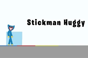 Blå figur ved siden af kubus med teksten Stickman Huggy i sort skrift