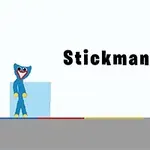 Blå figur ved siden af kubus med teksten Stickman Huggy i sort skrift