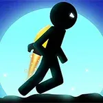 Silhuet af en figur med en jetpack, der flyver foran en stor, lysende måne