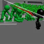 En sort figur kæmper mod flere grønne figurer med et sværd i hånden