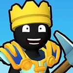 En sort karakter iført en gul krone og blå-gul rustning holder en hakke mod en blå baggrund