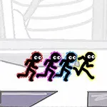 Fire farverige stickman-figurer løber side om side på en enkel baggrund