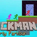 Farverige stregmænd løber på en platform mod en portal med teksten Stickman Party Parkour nedenunder