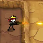 En figur med bandana affyrer et våben i en klippegang med sten og jord