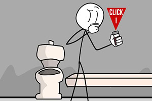 En stregtegnet figur i et gråt rum står ved siden af et toilet og en bænk, mens den holder en genstand med ordet CLICK!