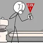 En stregtegnet figur i et gråt rum står ved siden af et toilet og en bænk, mens den holder en genstand med ordet CLICK!