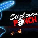 En animeret sticksfigur med glødende øjne holder et blåt sværd, ved siden af teksten Stickman Punch over en skyggefuld baggrund med ild