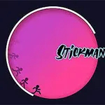 Lyserød og lilla cirkel med små ikonfigurer på kanten og teksten Stickman Runner